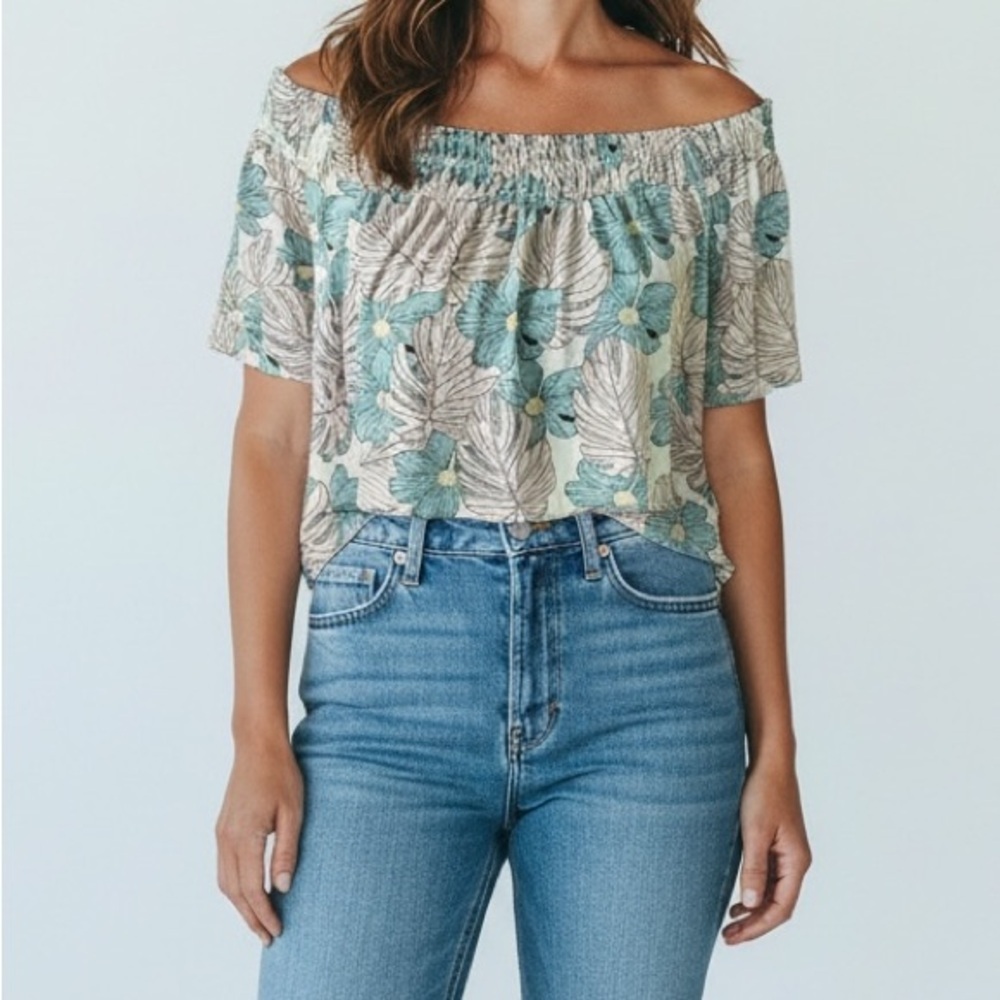 Melloday Women’s Floral Palm Print Off Shoulder Blouse Top Medium